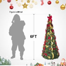 Prelit Full Pop Up Christmas Tree With Warm LED Lights, Gold And Red Ribbon, Bows, Balls Ornaments Easy Assemble Collapsible Xmas Trees Holiday P (Option: 6Ft)