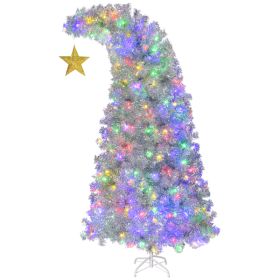 6 FT Bent Top Pre-lit Christmas Tree With Golden Star, Hinged Artificial Xmas Tree With 300 Lights, 900 Branch Tips For Holiday Party Store Offic (Color: Silver)